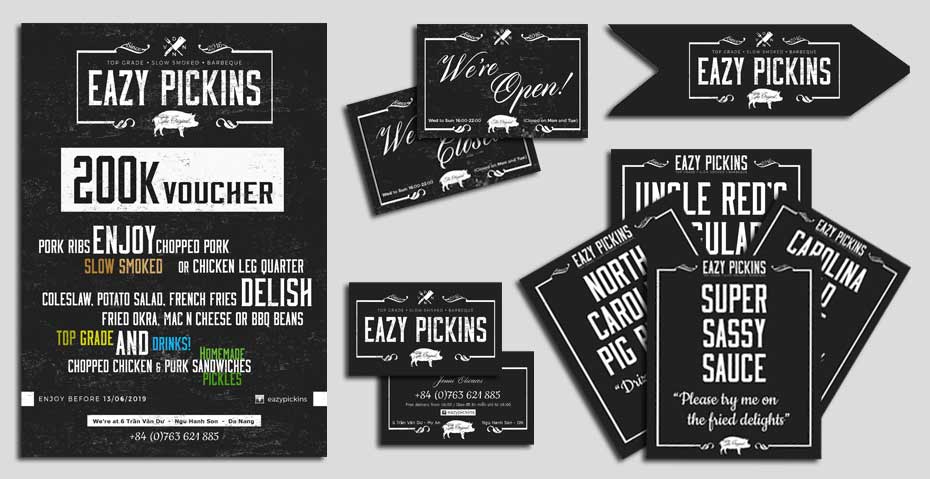 Picture showing a collection of branding materials for Eazy Pickins in Da Nang city, created by STORMYSUNDAY
