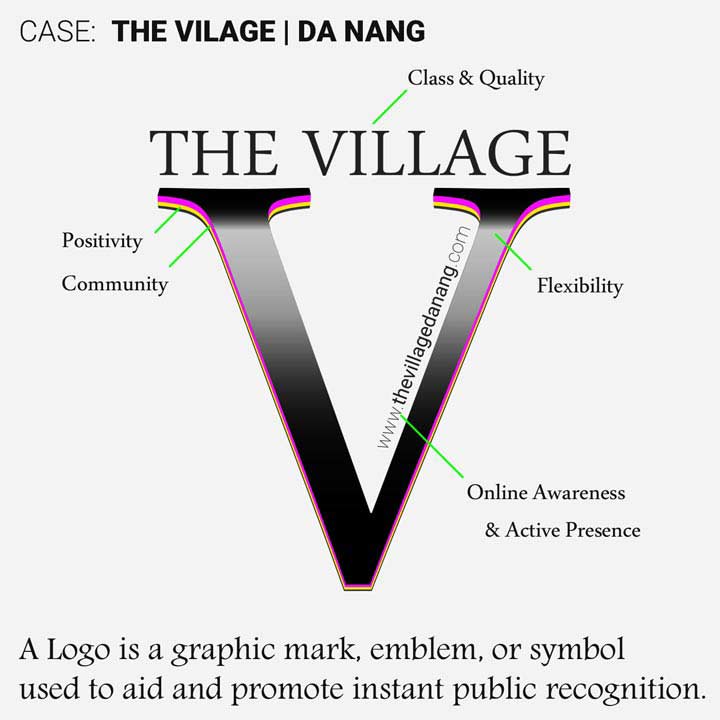 Picture shows a visual of the, The Village logo, explaining its subtle build-up and meaning of the different elements integrated.